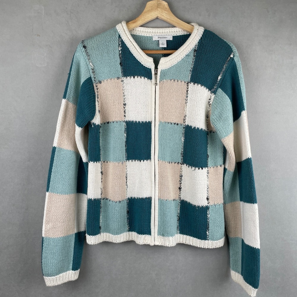 VTG Dressbarn Wmns S‎ Teal Cream Checkerboard Grannycore Boho Ramie Zip Cardigan